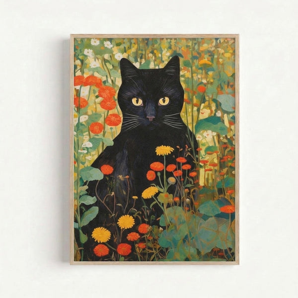 Whimsical boho poster featuring a sleek black cat nestled in an enchanted garden of blooming flowers, rendered in golden and burnt orange tones with cream accents.