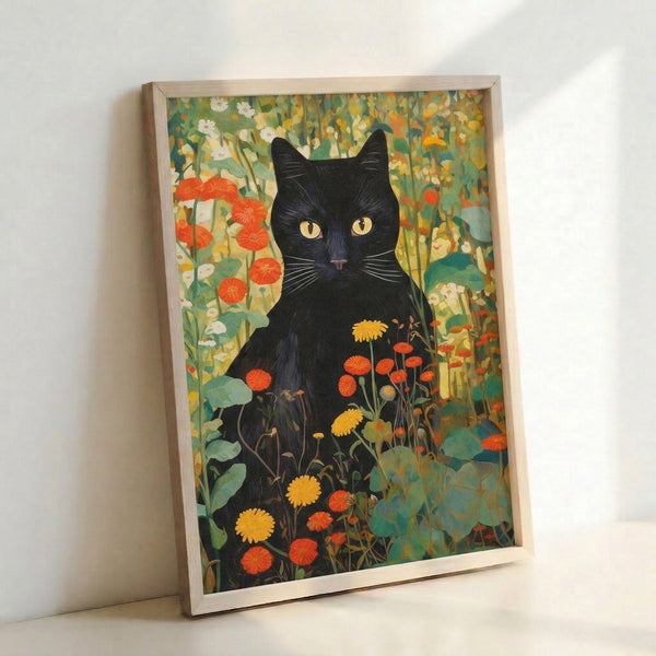 Serene art nouveau illustration of a black cat gazing through a lush wildflower garden filled with daisies and gerberas in warm, earthy color palette.