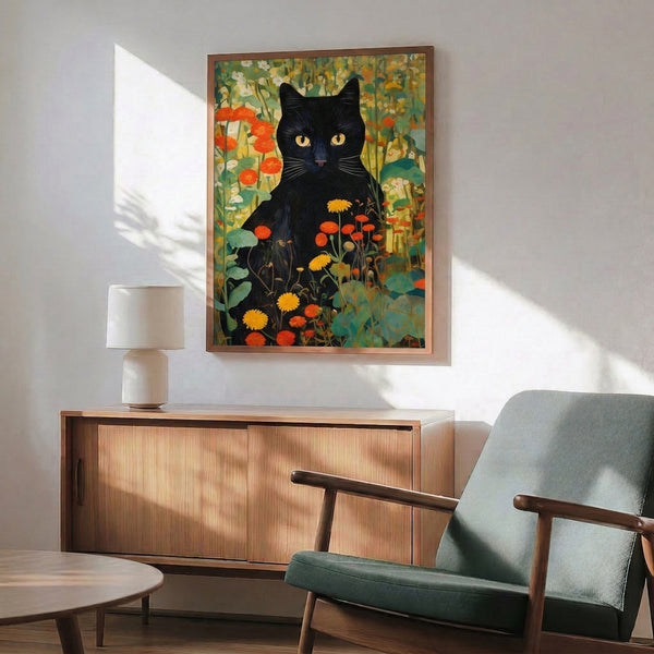 Enchanted garden wall art in art nouveau style depicting a contemplative black cat surrounded by vibrant gerberas, daisies, and foliage in golden yellow and burnt orange hues.