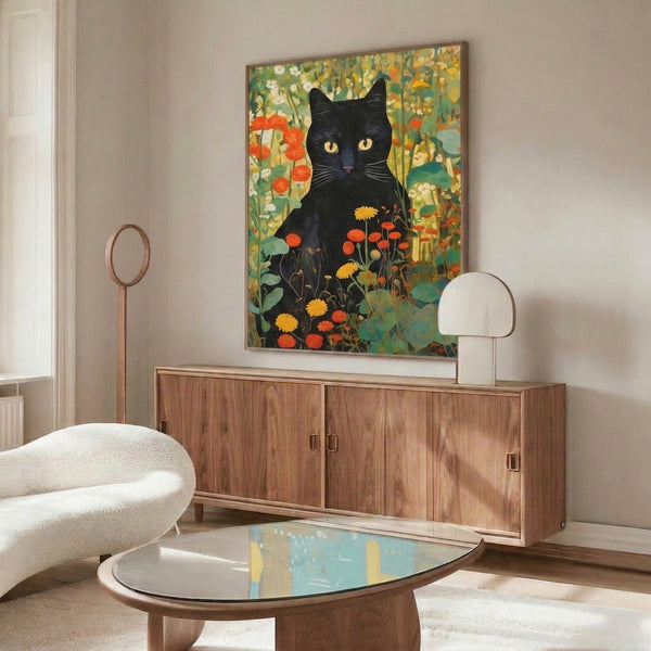 Whimsical framed cat art print blending boho and art nouveau aesthetics, with a black cat amid blooming wildflowers in warm golden, orange, green, and cream tones.