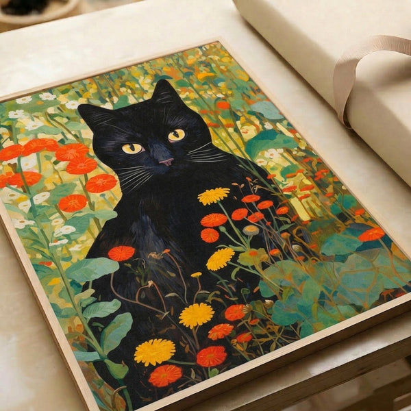 Black cat art print in serene boho-inspired garden landscape featuring ornate wildflower blooms and lush leaves in golden yellow, forest green, burnt orange, and cream.