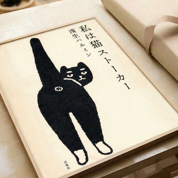 Showa-style black cat wall decor featuring traditional Japanese woodblock print characteristics with playful, folk-inspired appeal in monochrome tones.