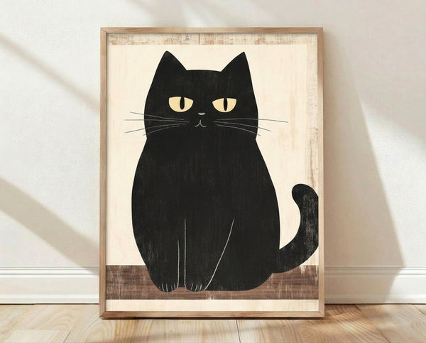 Minimalist line art framed poster of a contemplative black cat against a cream background, featuring calm and serene Japanese-inspired aesthetic.