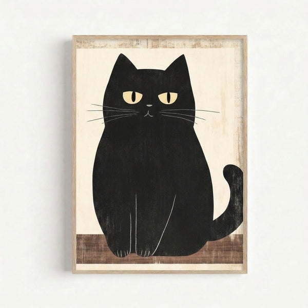 Modern black cat art print with elegant line drawing style in monochromatic tones, conveying peaceful feline contemplation on a neutral wall.
