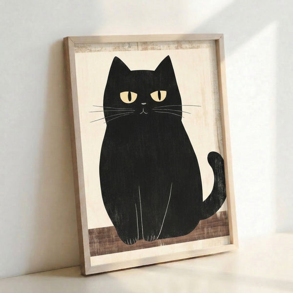 Wabi-sabi inspired framed poster showing a black cat rendered in minimalist line art with tan and cream hues, evoking quiet introspection.