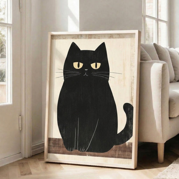 Contemporary black cat wall art in minimalist style, hand-drawn linework on white and cream background creating a calm, meditative mood.