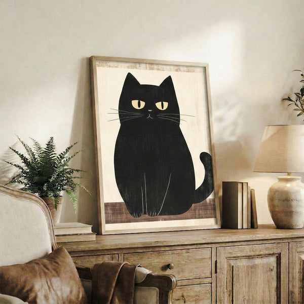Japandi-style framed black cat illustration in simple line art, rendered in black and cream tones with a contemplative, minimalist aesthetic.