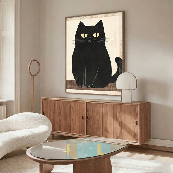 Framed poster featuring a thoughtfully composed black cat in minimalist line art, balancing serene mood against soft neutral background.