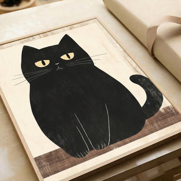Minimalist black cat art print showcasing elegant linework in monochromatic palette, bringing calm feline charm to modern interior spaces.