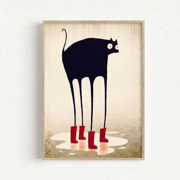 Minimalist framed poster featuring a quirky black cat in red boots splashing through a puddle, rendered in simple line art style with warm neutral tones.