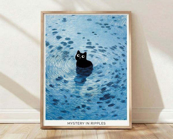 Minimalist line art poster of a black cat gazing at rippling water with fish, rendered in shades of blue and black on white background, framed on wall.