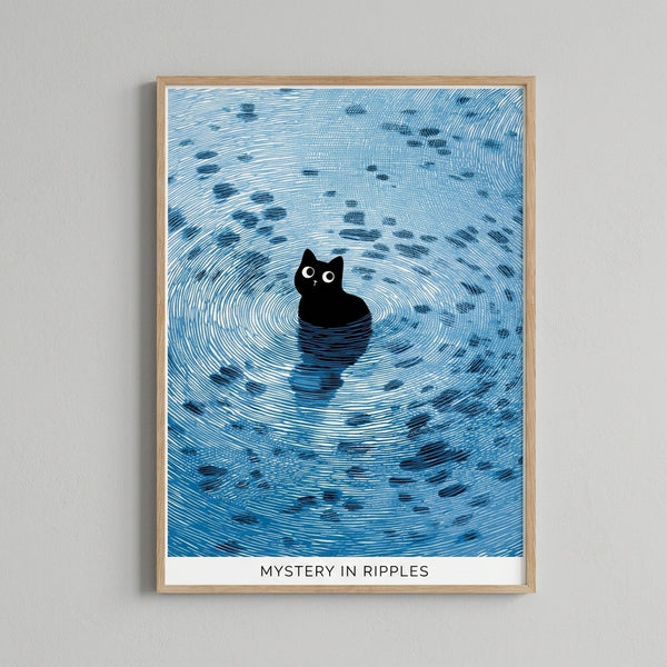 Modern black cat silhouette surrounded by flowing ripples and swimming fish in a contemplative minimalist style, featuring cool blue and black tones.