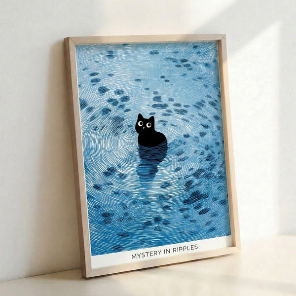 Whimsical framed poster showing a black cat observing water ripples and fish with delicate line work in a serene blue and white composition.
