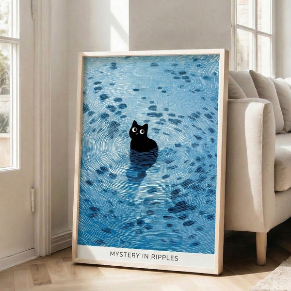 Playful minimalist line art print of a black cat watching ripples and fish, combining dark and light blues with simple elegant strokes.