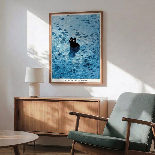 Modern artistic print of a black cat gazing into rippled water with fish, rendered in clean minimalist lines using shades of blue and black.