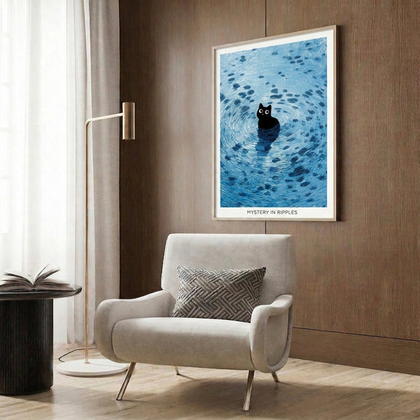 Framed minimalist poster depicting a contemplative black cat surrounded by water ripples and fish in a soothing blue and white line art design.