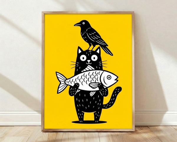 Minimalist line art poster featuring a black cat, crow, and fish in whimsical folk art style with yellow, black, and white colors.