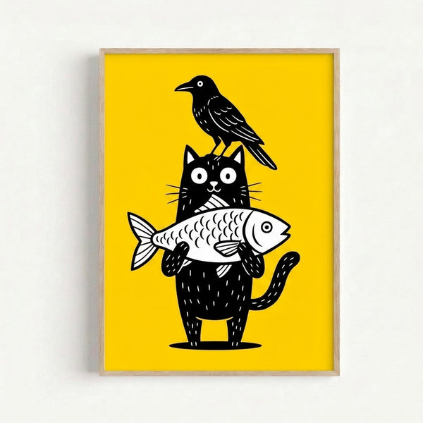 Playful framed art print showing a quirky black cat alongside a crow and fish rendered in simple, elegant line drawing.