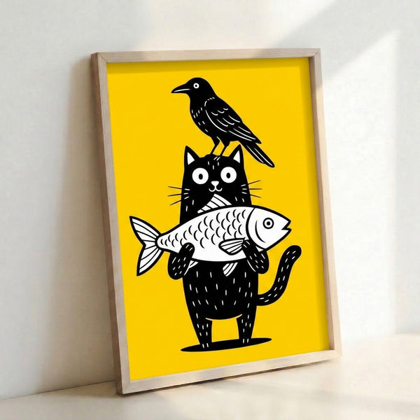 Whimsical folk art poster with minimalist black line illustration of a cat, bird, and fish on white background accented with yellow.