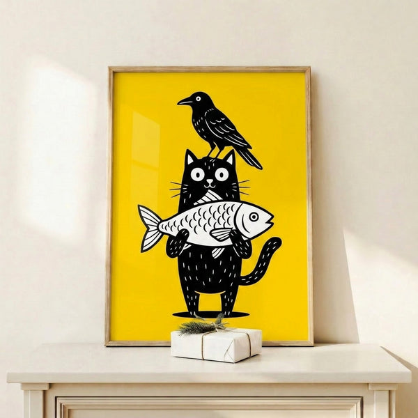 Black cat, crow, and fish design in minimalist line art style, playful and quirky folk-inspired framed wall art.