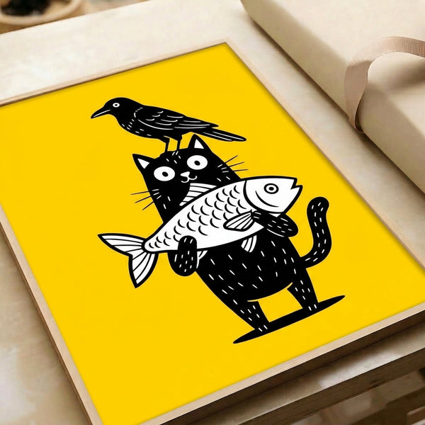 Folk art style framed print with playful line-drawn black cat, crow, and fish in minimalist yellow and black palette.