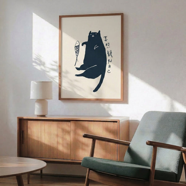 Black cat and fish wall art print with delicate folk art linework in navy, white, and cream, capturing whimsical Japandi serenity.
