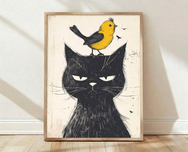 Minimalist line art of a black cat with a contemplative expression facing a small yellow bird, rendered in black and cream tones on a framed poster.