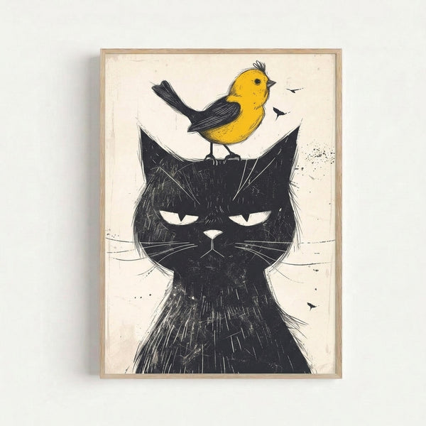 Framed modern art print featuring a grumpy-looking black cat and cheerful yellow bird in simple line work with a whimsical, gently quirky mood.