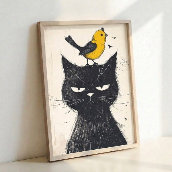 Contemporary wall art depicting a black cat and yellow bird in minimalist style using bold lines and a cream background, evoking gentle humor.
