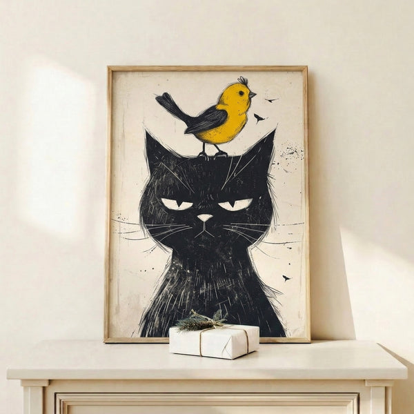 Black and yellow minimalist poster showing a cat and bird in thoughtful interaction, created with clean line art on a cream canvas.