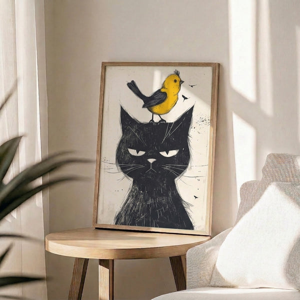 Minimalist black cat and yellow bird poster rendered in simple elegant lines on cream, conveying quirky charm and gentle contemplation.
