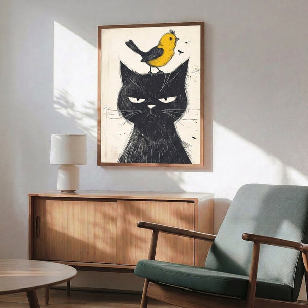 Contemporary animal art print featuring a black cat with a yellow bird companion, executed in minimalist line work with a playful, reflective mood.