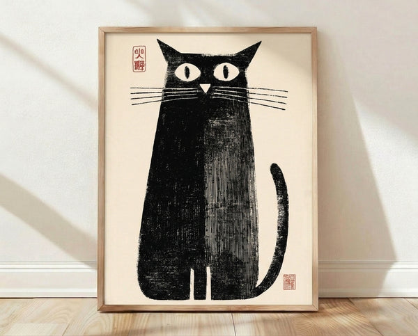 Bold black cat with curved tail rendered in Japanese woodblock print style on cream background, framed poster art with striking minimalist line work.