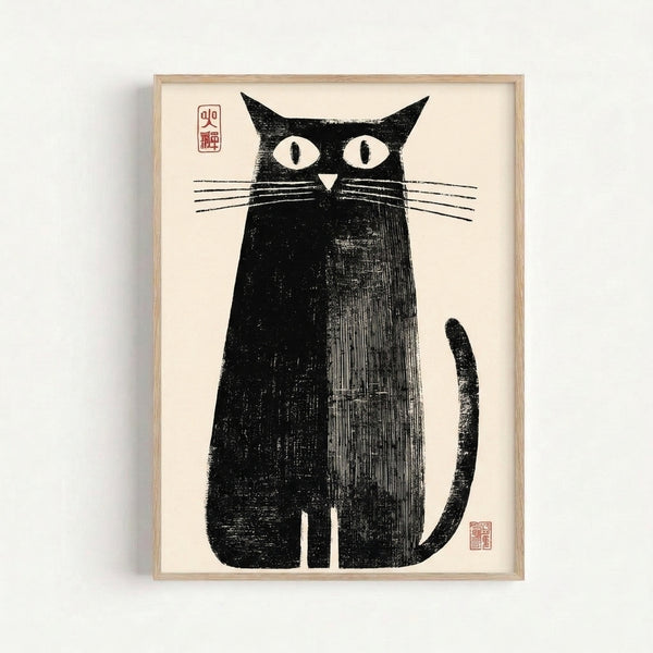 Minimalist black cat silhouette with expressive tail in Japanese woodblock aesthetic, cream and black framed art print with whimsical character.