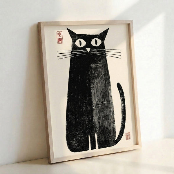 Japanese-inspired woodblock print of a sleek black cat and curved tail against cream, bold line art style with striking monochromatic design framed on wall.
