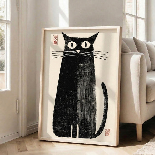 Cream-colored framed poster featuring a bold black cat figure with prominent tail in minimalist Japanese woodblock print style, striking and whimsical.