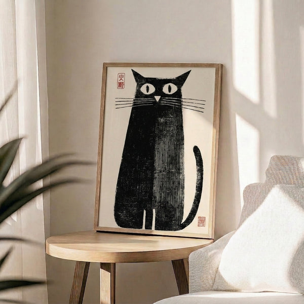 Framed minimalist art print: bold black cat silhouette and tail in Japanese woodblock style, striking composition on soft cream ground.