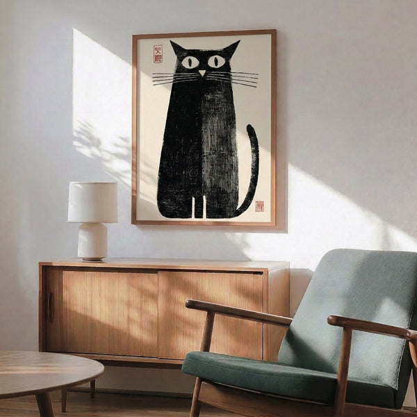 Japanese woodblock-style line art of a striking black cat with curved tail on cream, minimalist framed poster with bold graphic character.
