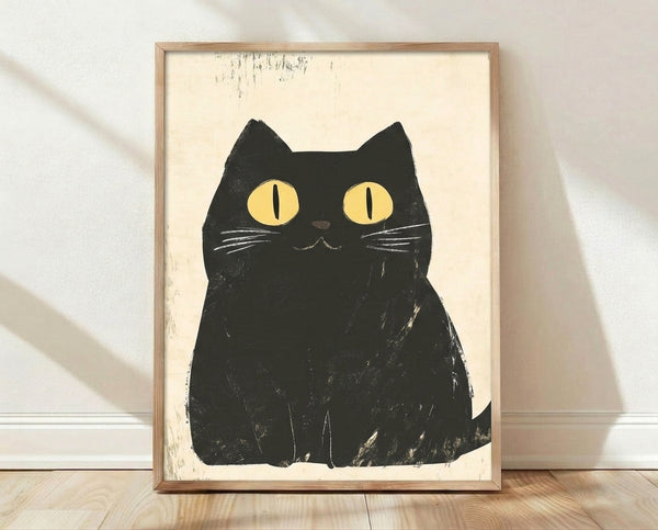 Minimalist line art portrait of a black cat with a whimsical expression, rendered in retro style with cream and yellow accents on a white background.