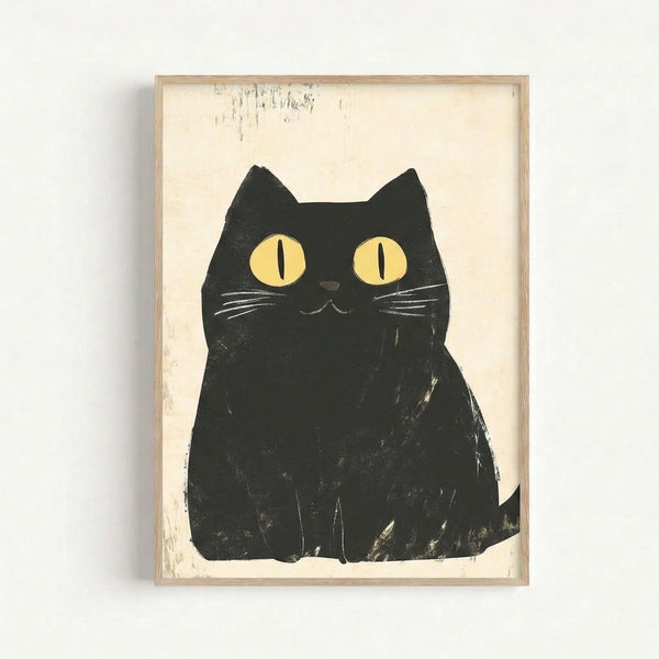 Black cat face drawn in simple continuous line art style with mysterious charm, featuring warm cream and golden yellow tones in a minimal composition.