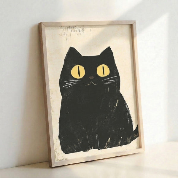 Retro-inspired black cat portrait using clean line work and wabi sabi aesthetics, combining black, cream, and soft yellow hues in a whimsical design.