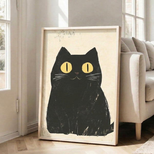 Black cat line drawing with retro charm and playful character, featuring a simplified minimalist style in black with cream and yellow highlights.