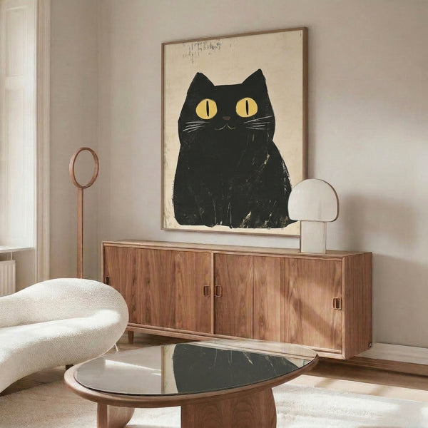 Framed poster showcasing a minimalist black cat portrait in retro line art style with whimsical personality and mysterious mood, accented in cream and yellow.