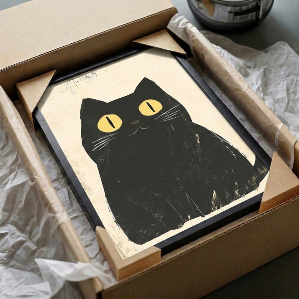 Wall art print displaying a charming black cat face in minimal line art, rendered in retro aesthetic with black, cream, and golden yellow palette.