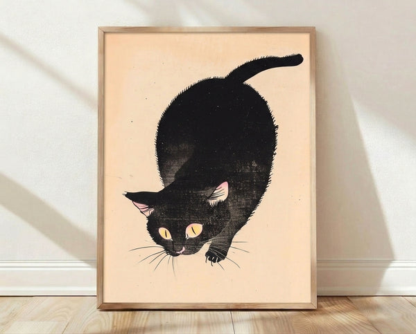 Vintage line art poster of a black cat with mysterious expression, rendered in minimalist style with cream, black, and pink accents.