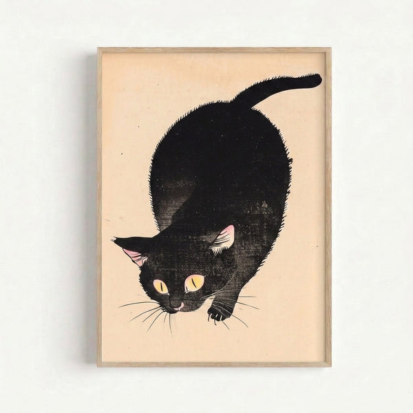 Black cat vintage poster featuring playful line drawing art in retro aesthetic with warm cream and muted yellow tones.