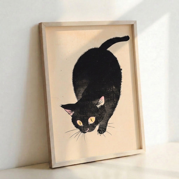 Framed vintage line art print depicting a curious black cat against a cream background with nostalgic, minimalist design.