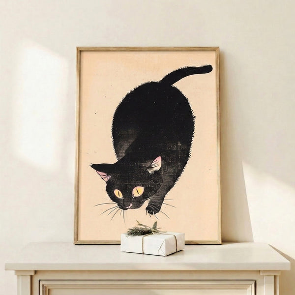 Retro black cat art print in simple line drawing style with mysterious charm, featuring cream base and soft pink highlights.