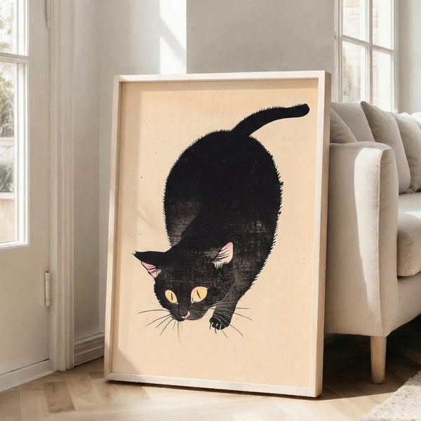 Vintage-inspired black cat poster with elegant line work and nostalgic playfulness, printed in cream, black, and warm yellow palette.