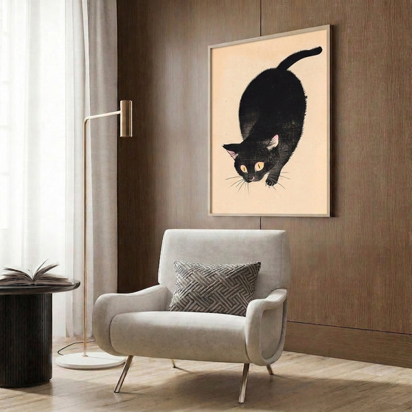 Black cat vintage line drawing art displaying mysterious feline character in minimalist retro poster style with cream and pink accents.